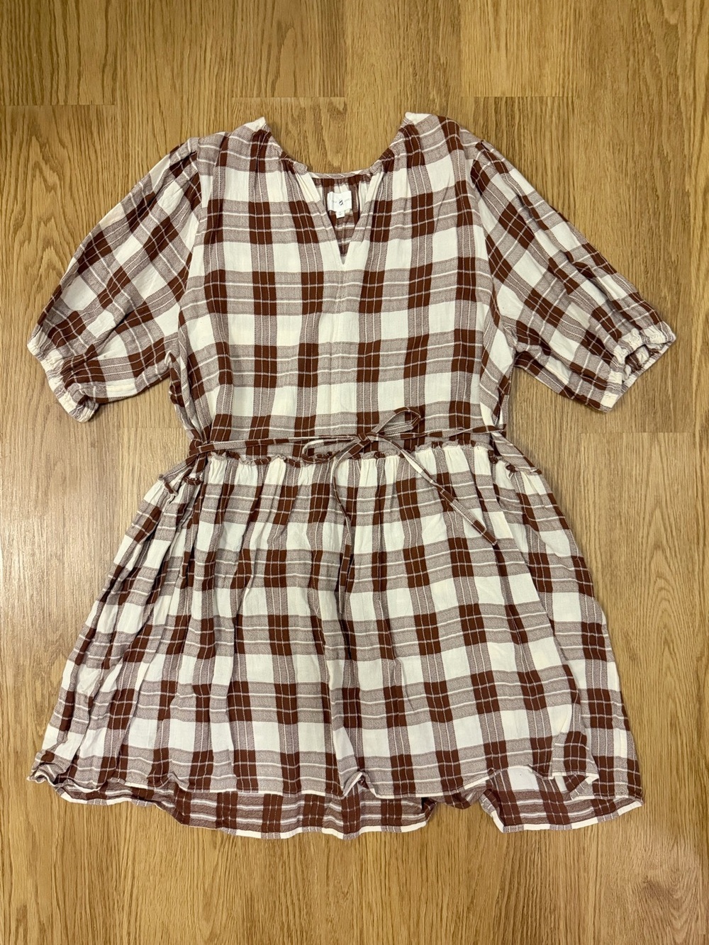 Lou & Grey Plaid Dress with Puff Sleeves and Tie Waist